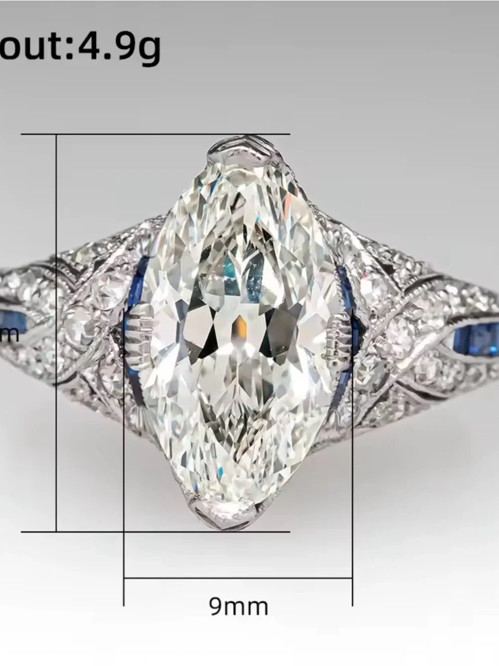 Vintage-Style White Diamond Navette Ring with Blue Accents